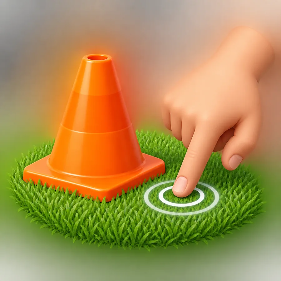 A finger tapping the grass next to an orange cone