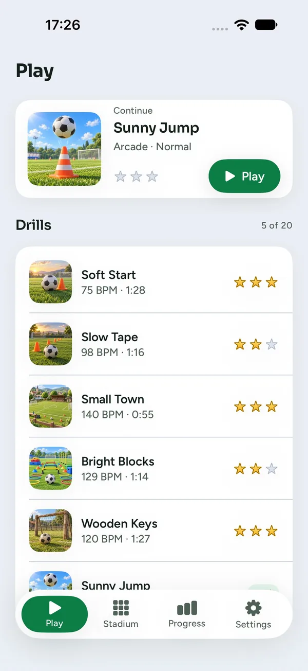 Play tab with the Continue card and the drill list