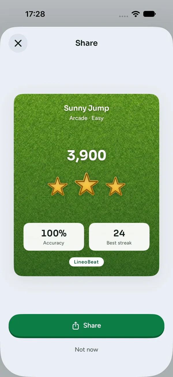Share card with score and stars on grass